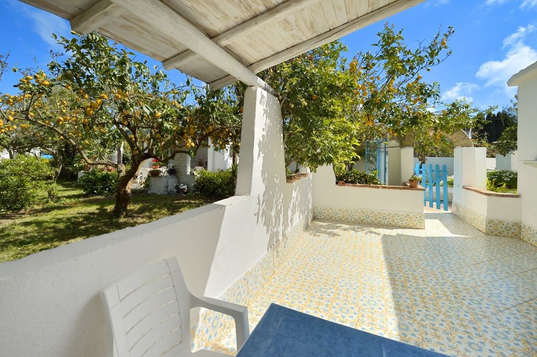 A Mediterranean-style covered patio with terracotta tile flooring, white columns, and lush garden surroundings featuring fruit trees and a bright blue gate.
